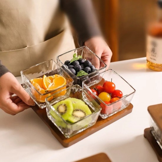 Wooden & Glass Serving Platter with Wooden Stand - 4 Pieces